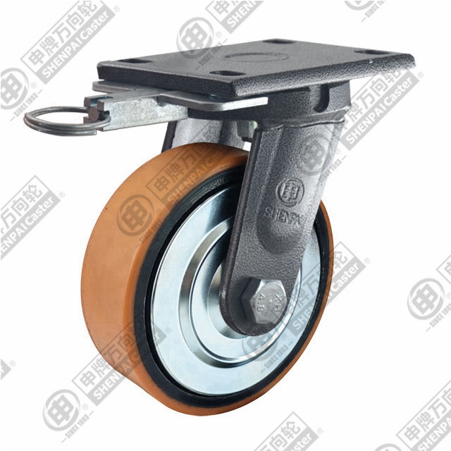 8" Top Plate Swivel Caster, Iron Core Polyurethane Wheel, Direction Lock Brake