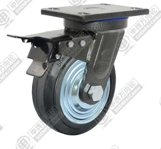 5" Top Plate Swivel Caster, Iron Core Rubber Wheel, Total Lock Brake
