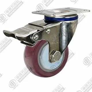 3" Top Plate Swivel Caster, Stainless Steel Frame, Plastic-core Polyurethane Wheel, Rear Parking Brake