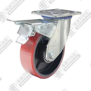 4" Top Plate Swivel Caster, Iron Core Polyurethane Wheel, Rear Parking Brake