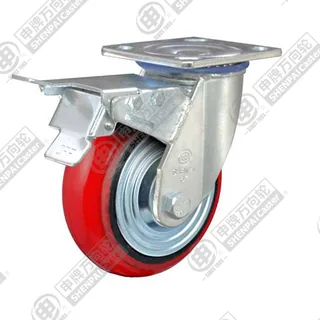 5" Top Plate Swivel Caster, Iron Core Polyurethane Wheel, Rear Parking Brake