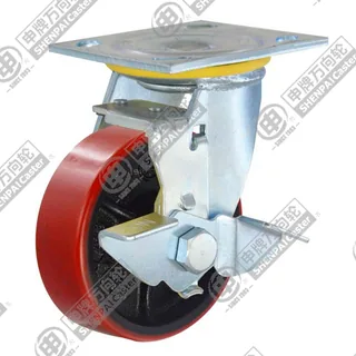 5" Top Plate Swivel Caster, Iron Core Polyurethane Wheel, Rear Parking Brake