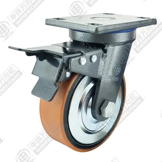 6" Top Plate Swivel Caster, Iron Core Polyurethane Wheel, Total Lock Brake